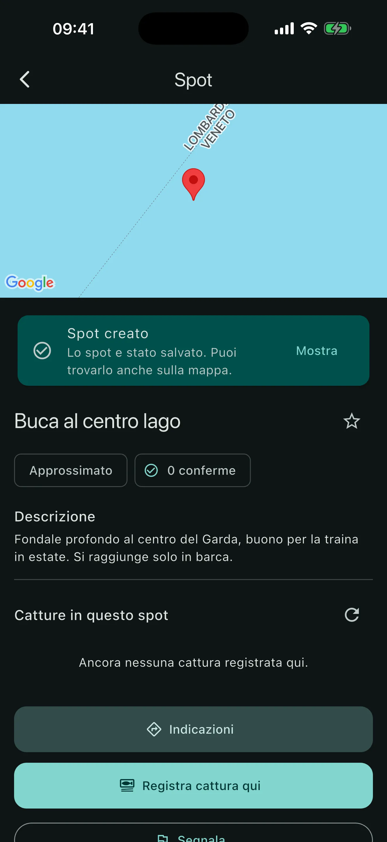 Scheda di uno spot su APPesca: nome, indicazione «Approssimato», descrizione del fondale, elenco delle catture registrate e pulsanti per le indicazioni stradali e per registrare una cattura.