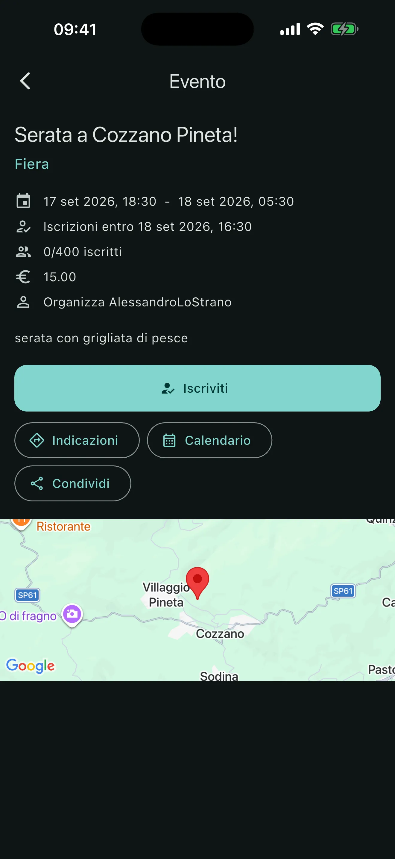 Scheda di un evento su APPesca: titolo, tipo fiera, date, scadenza delle iscrizioni, numero di iscritti, quota, organizzatore e mappa del luogo.